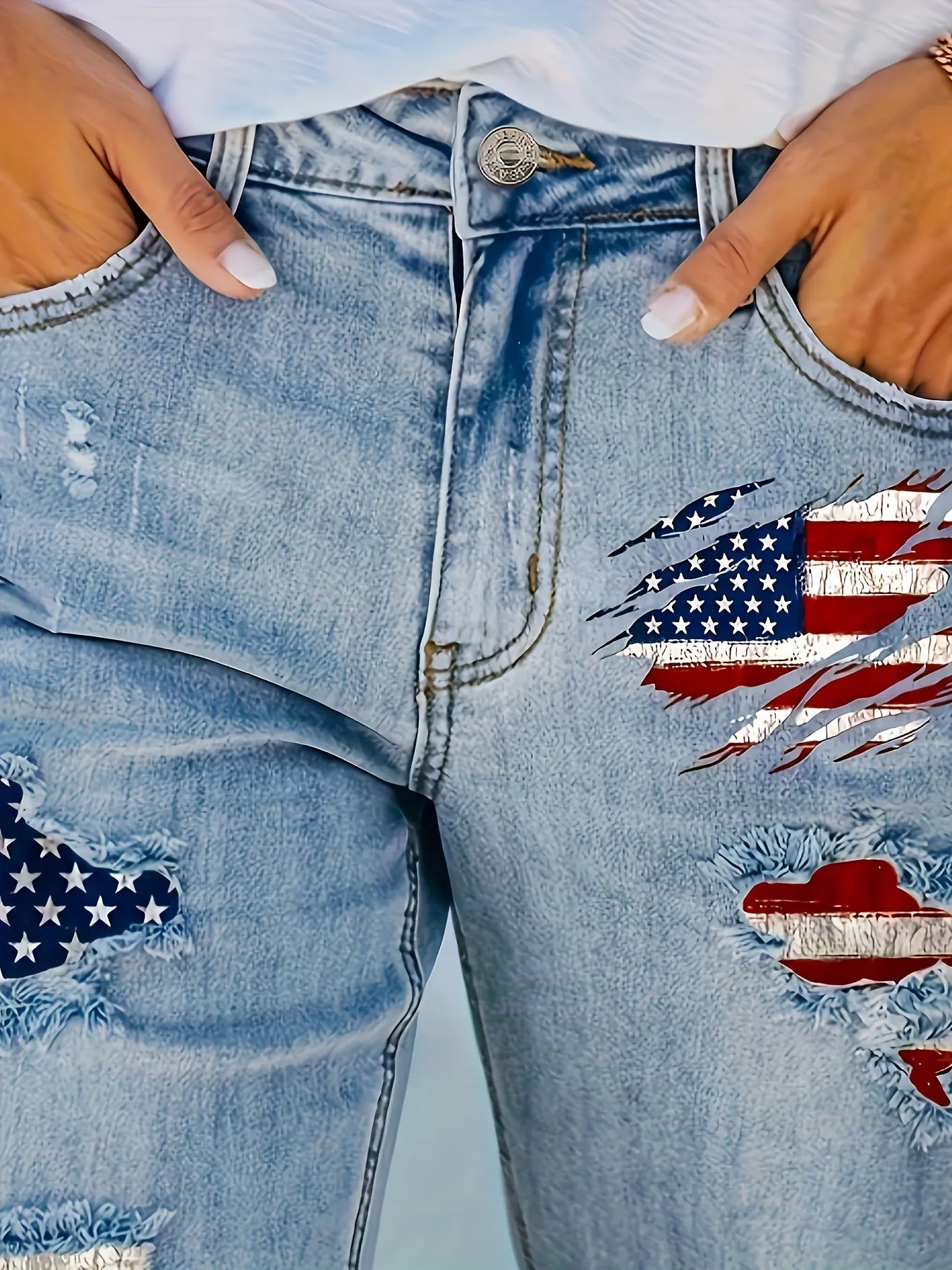 Plus Size Womens High-Waisted Distressed Denim Bermuda Shorts - Flag Patchwork, Frayed Hem, Stretchy Skinny Fit, Zipper Fly Closure, Casual Independence Day 4th of July Fashion - Summer Season, Medium Stretch Fabric, Woven Denim, Random Printing