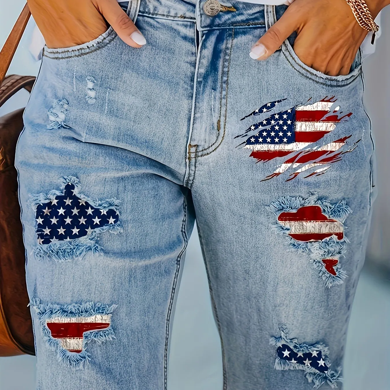 Plus Size Womens High-Waisted Distressed Denim Bermuda Shorts - Flag Patchwork, Frayed Hem, Stretchy Skinny Fit, Zipper Fly Closure, Casual Independence Day 4th of July Fashion - Summer Season, Medium Stretch Fabric, Woven Denim, Random Printing