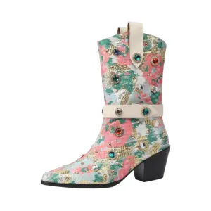 Pre Order:  Floral Rhinestones Mid-Calf Boots