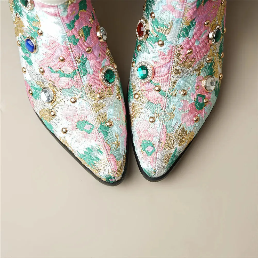 Pre Order:  Floral Rhinestones Mid-Calf Boots