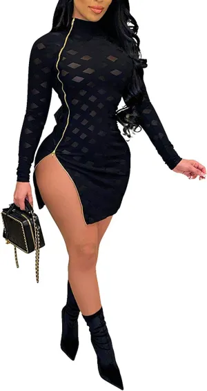 Professional title: "Women's Sheer Mesh Bodycon Midi Dress with Printed Long Sleeves for Clubwear and Parties"