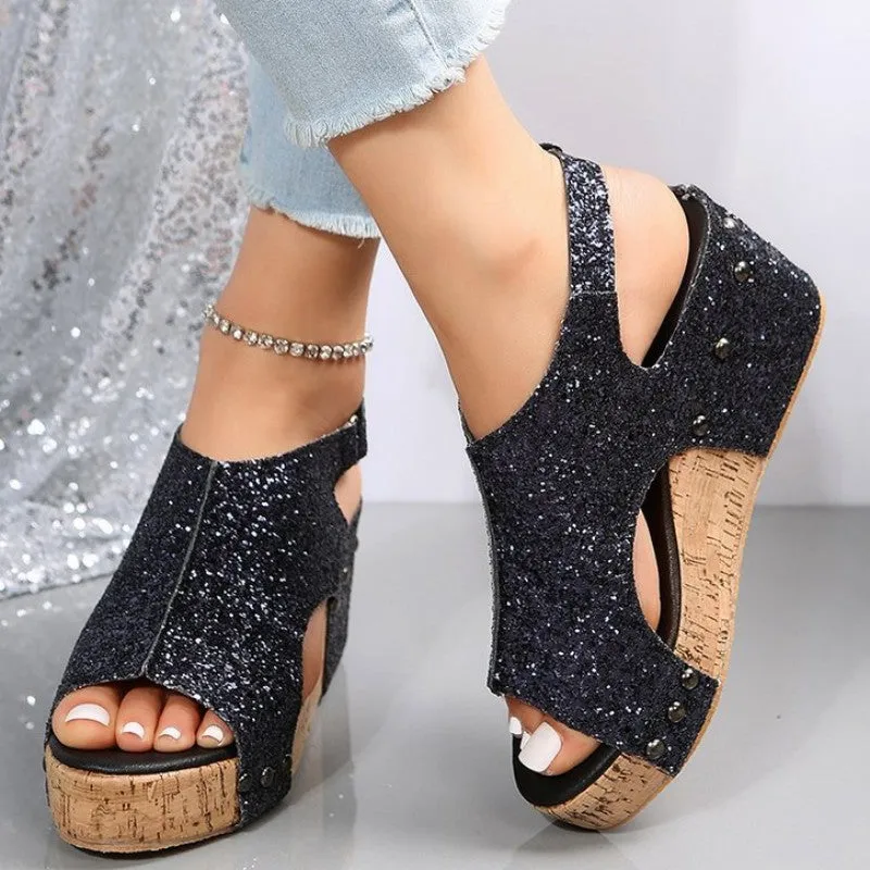 Purpdrank - Black Casual Hollowed Out Sequins Patchwork Fish Mouth Out Door Wedges Shoes