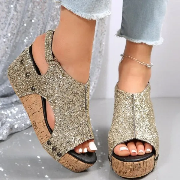 Purpdrank - Black Casual Hollowed Out Sequins Patchwork Fish Mouth Out Door Wedges Shoes