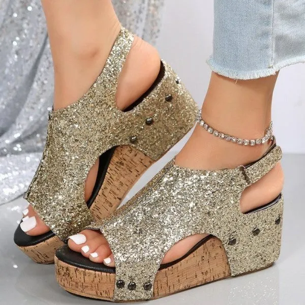 Purpdrank - Black Casual Hollowed Out Sequins Patchwork Fish Mouth Out Door Wedges Shoes