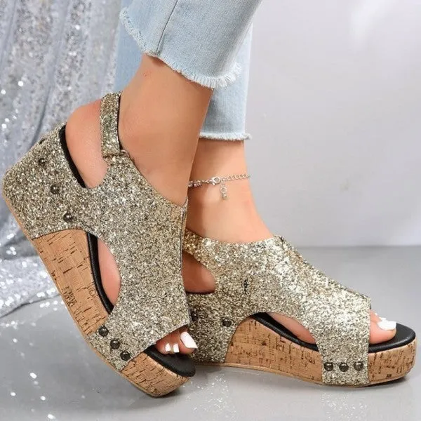 Purpdrank - Black Casual Hollowed Out Sequins Patchwork Fish Mouth Out Door Wedges Shoes