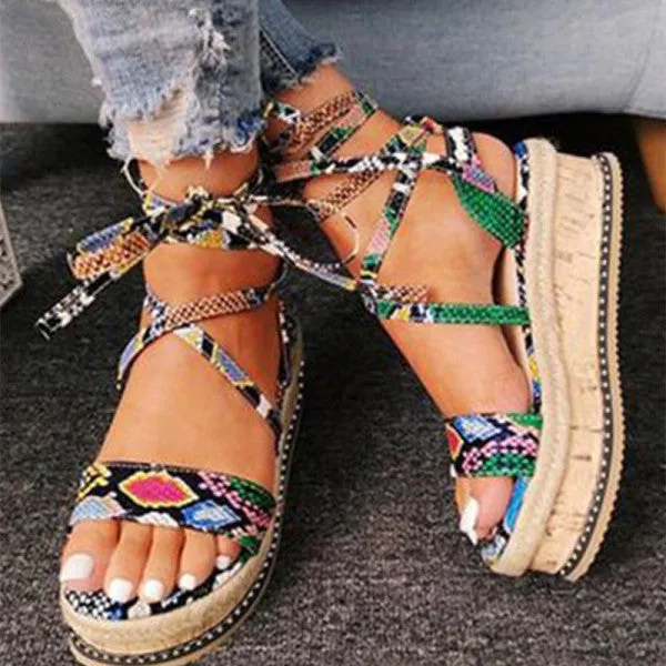 Purpdrank - Green Fashion Casual Bandage Patchwork Round Comfortable Wedges Shoes