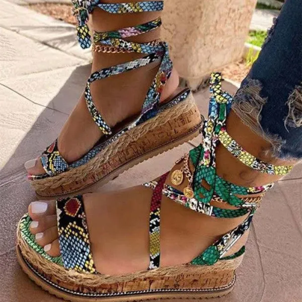 Purpdrank - Green Fashion Casual Bandage Patchwork Round Comfortable Wedges Shoes