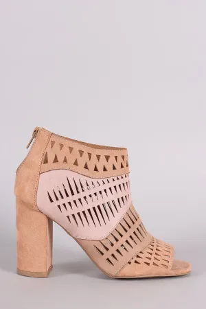 Qupid Suede Geo Cutout Patchwork Chunky Heeled Booties