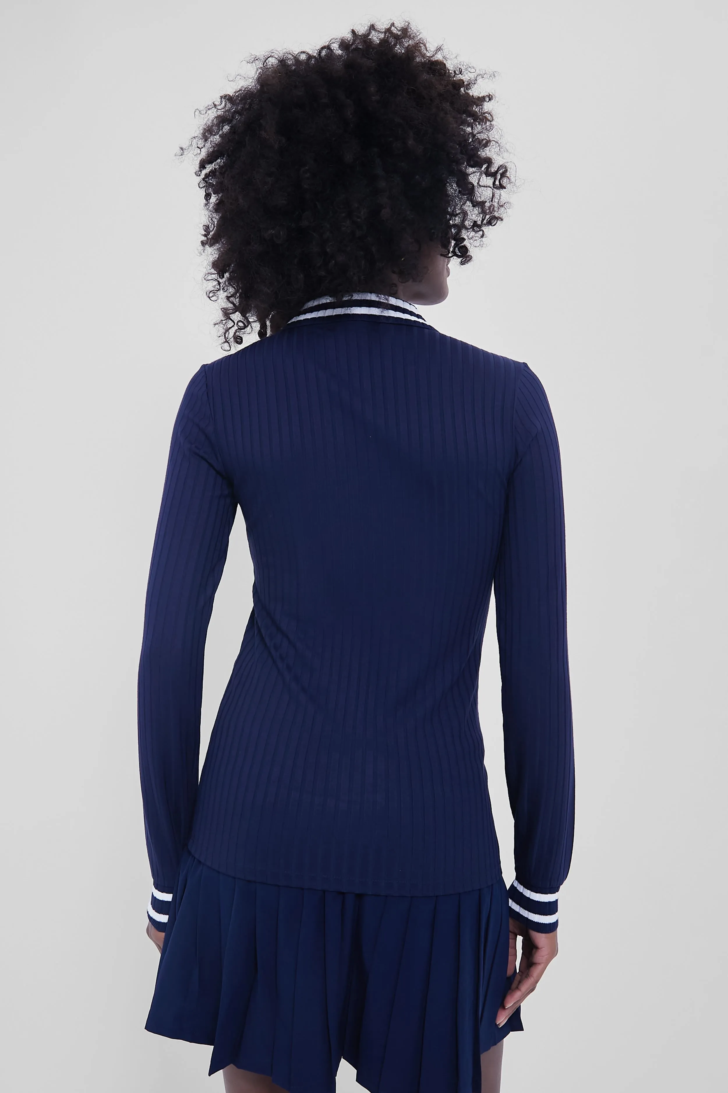 Refined Navy Long Sleeve Drop Needle Rib Knit Polo