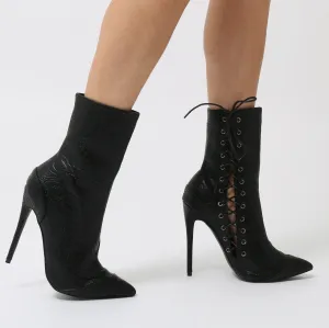 Regal Lace Up Side Embossed Ankle Boots in Black