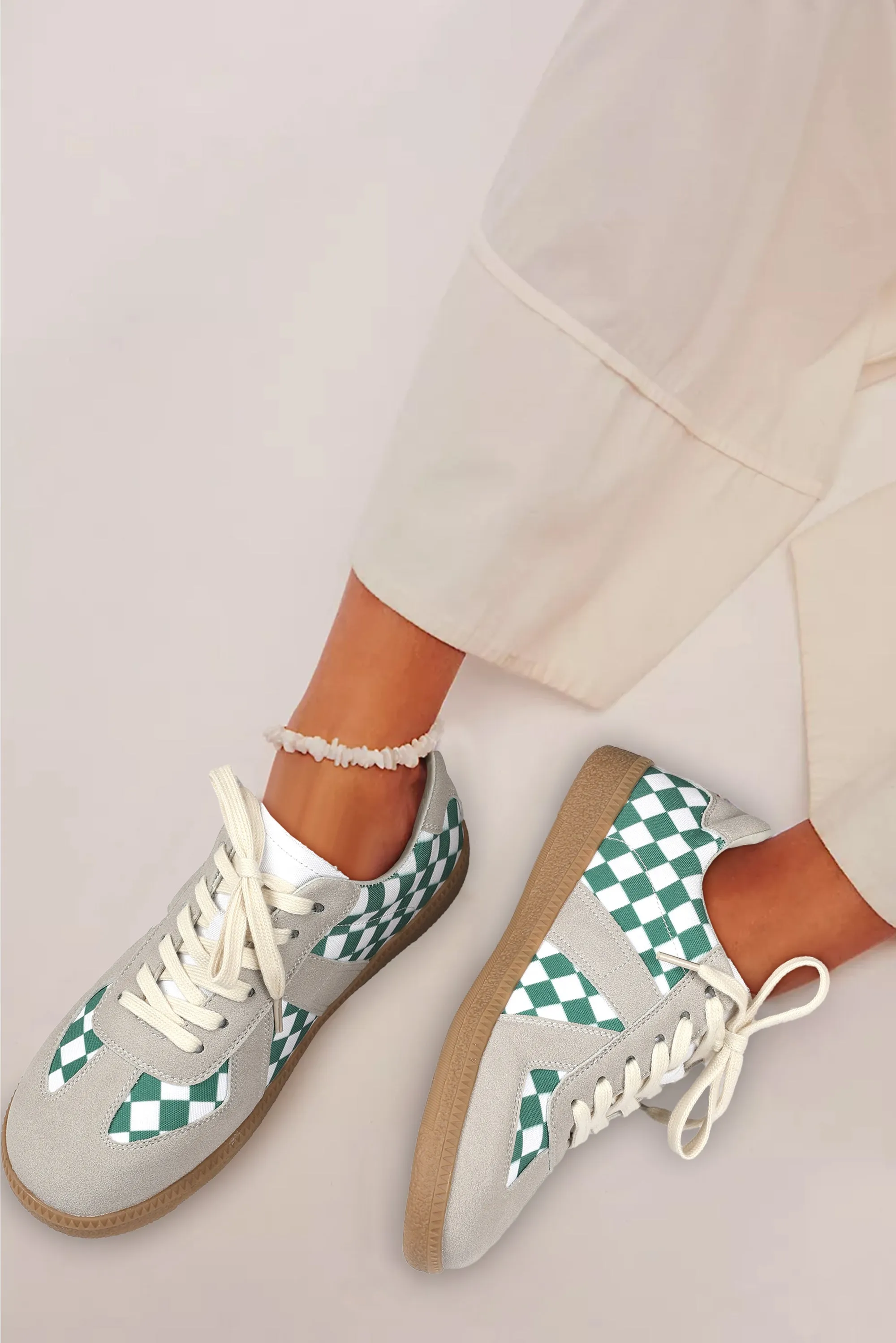 Sea Green Checkered PU Leather Lace-up Sneakers