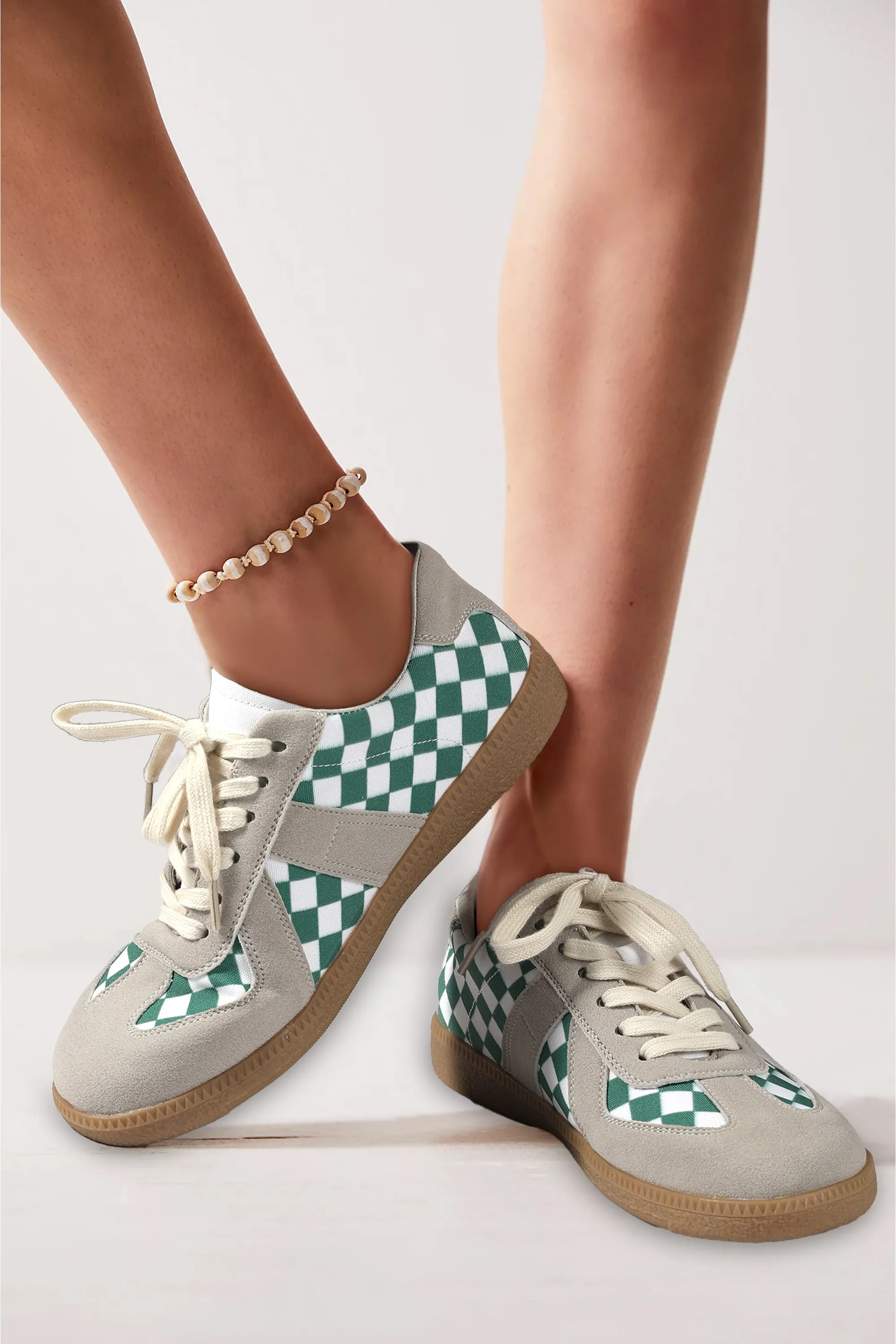 Sea Green Checkered PU Leather Lace-up Sneakers