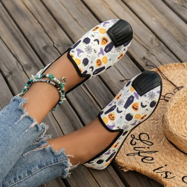 sealbeer - Halloween Cream White Casual Patchwork Printing Round Comfortable Flats Shoes