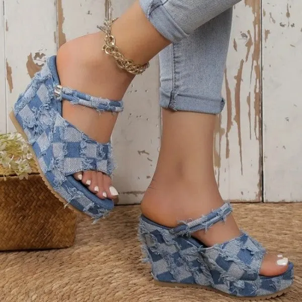 sealbeer - Light Blue Casual Patchwork Fish Mouth Out Door Wedges Shoes