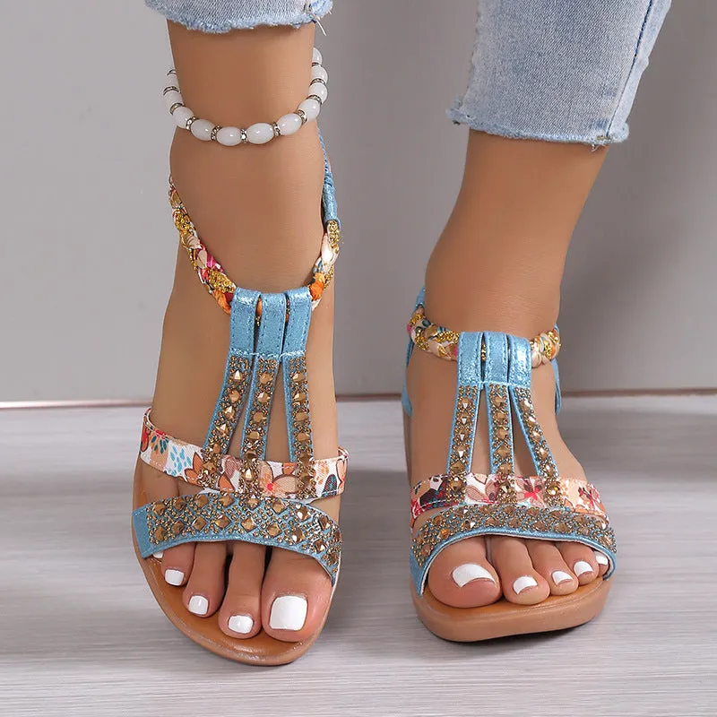 sealbeer - Silver Casual Patchwork Rhinestone Fish Mouth Out Door Wedges Shoes (Heel Height 1.57in)