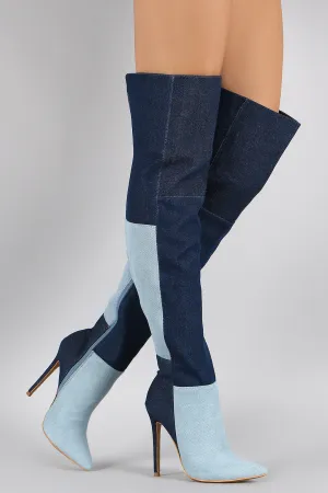 Shoe Republic LA Denim Colorblock Patchwork Stiletto Boots