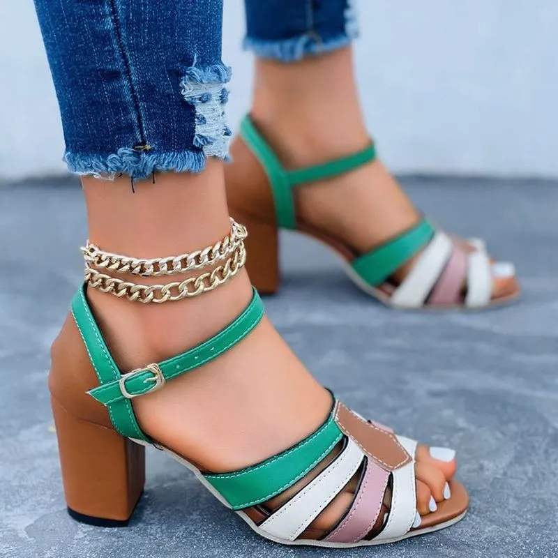 Summer Fashion Trend Sandals Women Multi Leather Patchwork Square Heel Peep Toe Buckle Office Dress Party Shoes Ladies Female