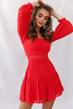 Sweetheart Corset-Back Lantern Sleeve Dress Red