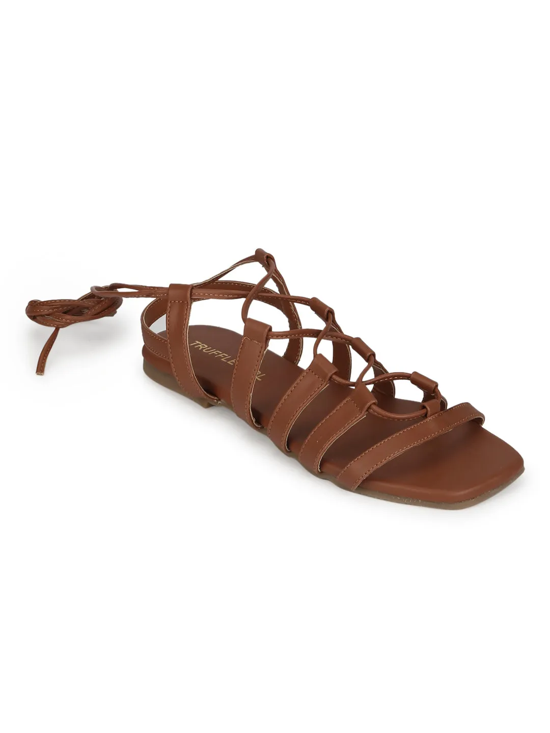 Tan PU Lace Up Gladiator Sandals