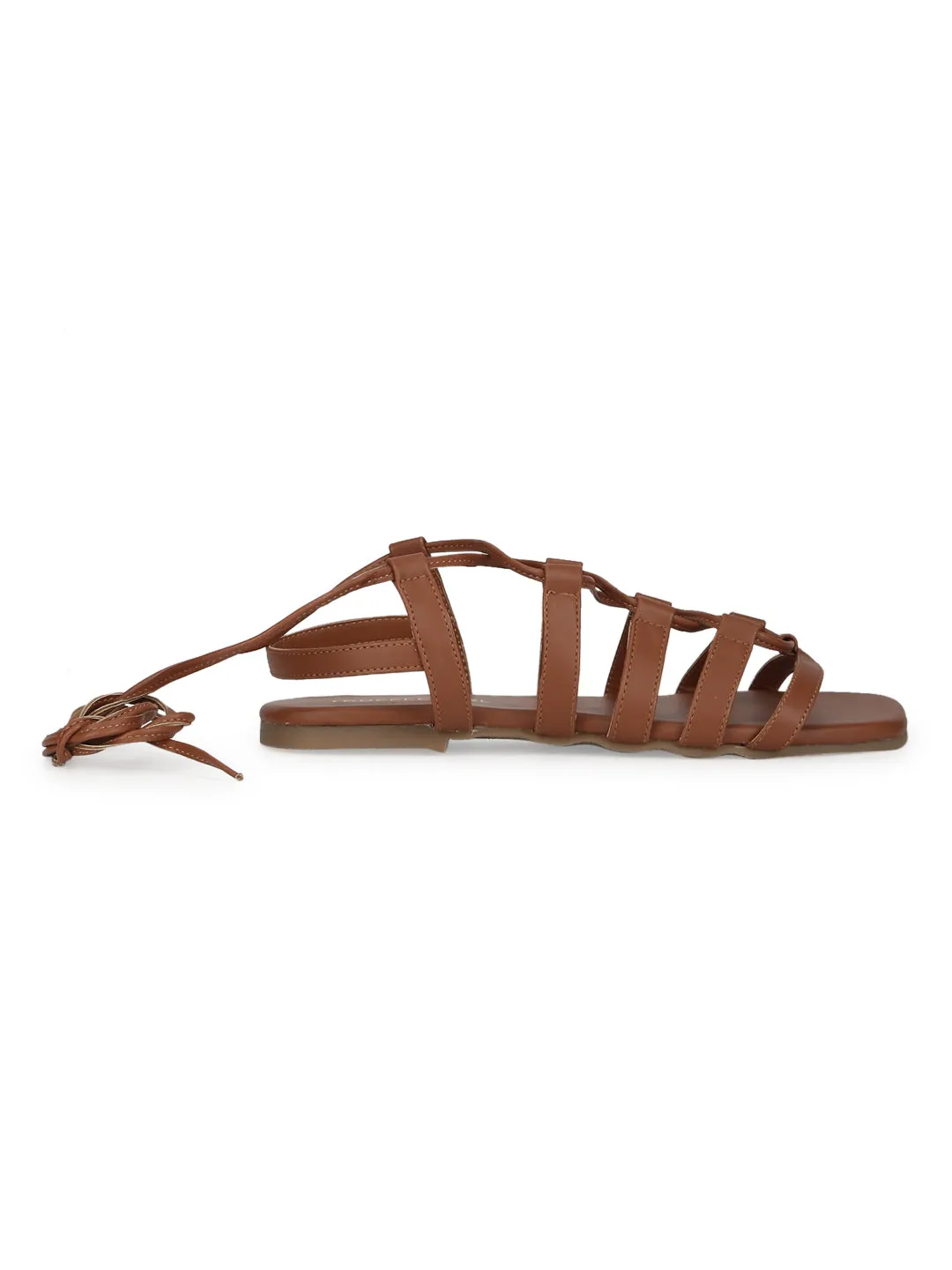 Tan PU Lace Up Gladiator Sandals