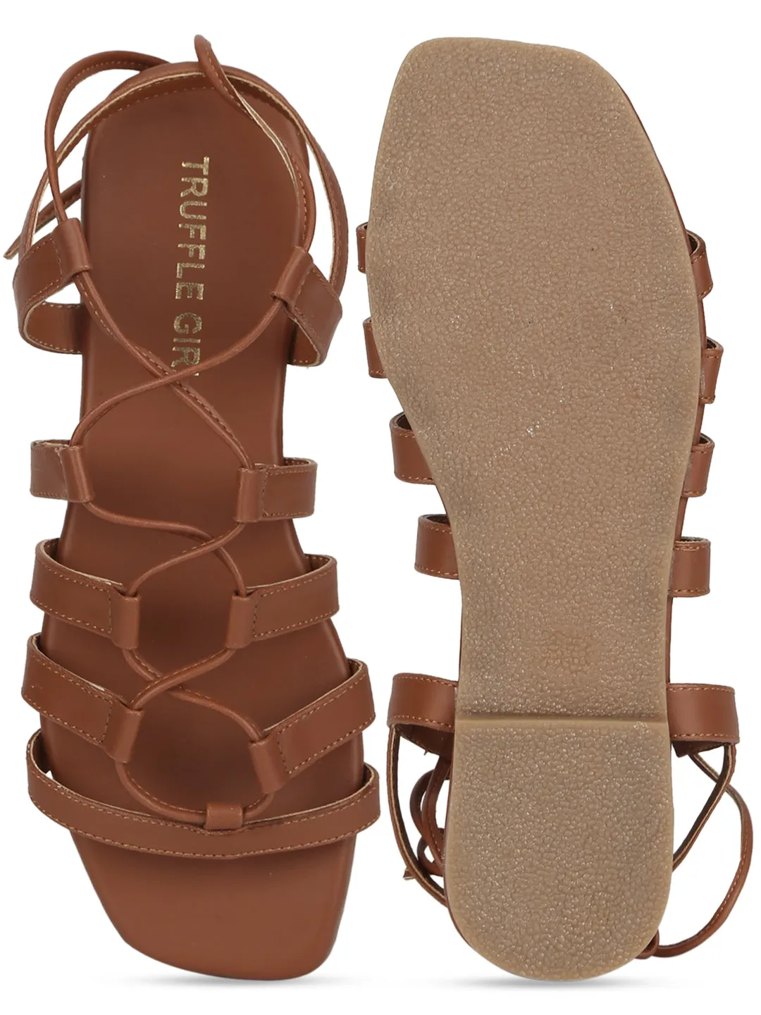 Tan PU Lace Up Gladiator Sandals