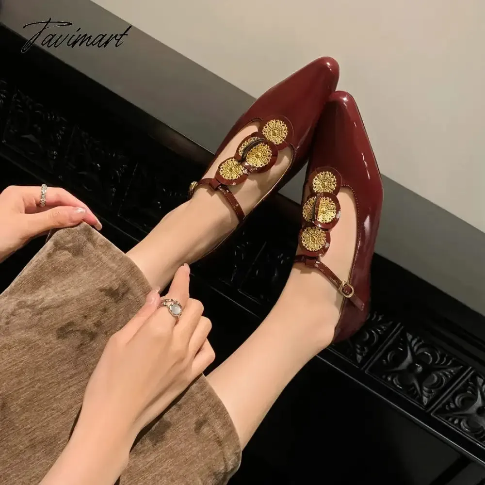 TAVIMART  - Design Chic Pointy Toe T-strap Buckle Women Mary Jane Shoes Patent Leather Casual Flat Shoes Gilding Decoration Flats Size 41 42