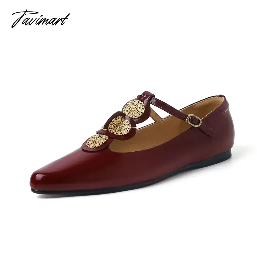 TAVIMART  - Design Chic Pointy Toe T-strap Buckle Women Mary Jane Shoes Patent Leather Casual Flat Shoes Gilding Decoration Flats Size 41 42