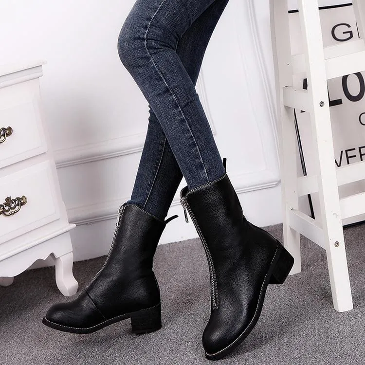 The Leather Flats Zipper Mortorcycle Boots