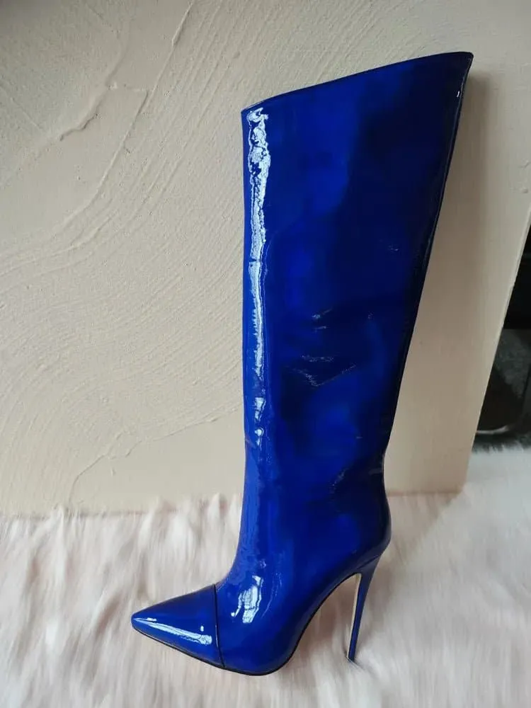 Thigh High Mirror High Heel Boots - Sexy Patent Leather Knee-High Boots with Bling for Women (12CM/10CM)