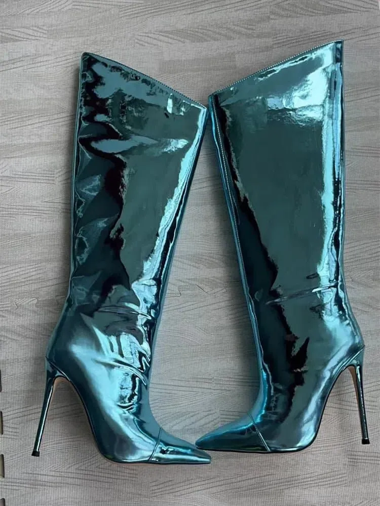 Thigh High Mirror High Heel Boots - Sexy Patent Leather Knee-High Boots with Bling for Women (12CM/10CM)