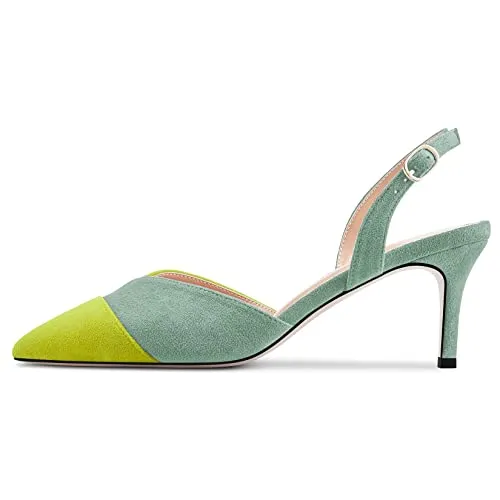 TNYNFBEB Women Mid Heel Pointed Cap Toe Sandals Ankle Strap Slingback Buckle Patchwork Wedding Party Cute Basic Classic 2.6 Inches Heels Light Green