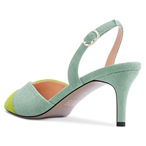 TNYNFBEB Women Mid Heel Pointed Cap Toe Sandals Ankle Strap Slingback Buckle Patchwork Wedding Party Cute Basic Classic 2.6 Inches Heels Light Green