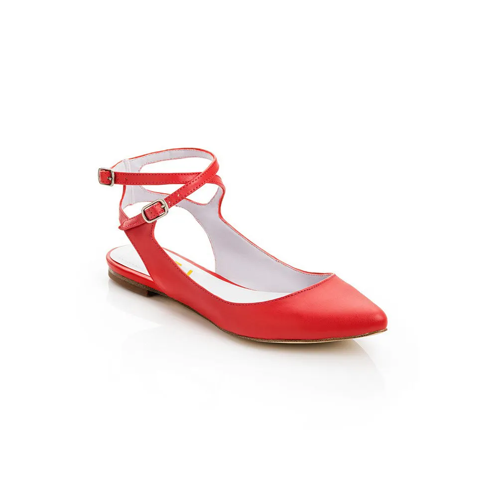 Toleet Red Pointed Toe Flats Crisscross Strap Slingback Shoes for Women