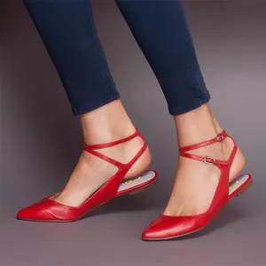 Toleet Red Pointed Toe Flats Crisscross Strap Slingback Shoes for Women