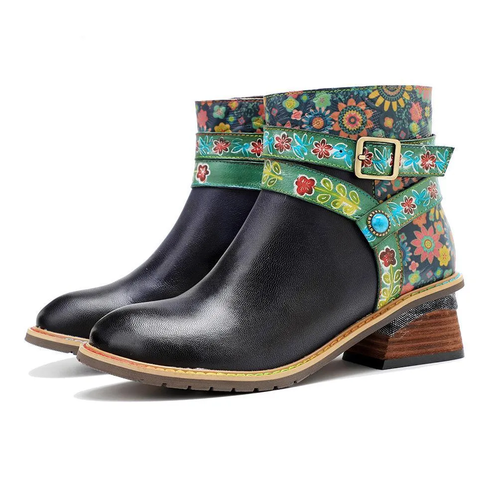 Vanguard Boots Genuine Leather Retro Shoes Women Boots Round Toe Patchwork Sewing Handmade Ankle Platform Boots