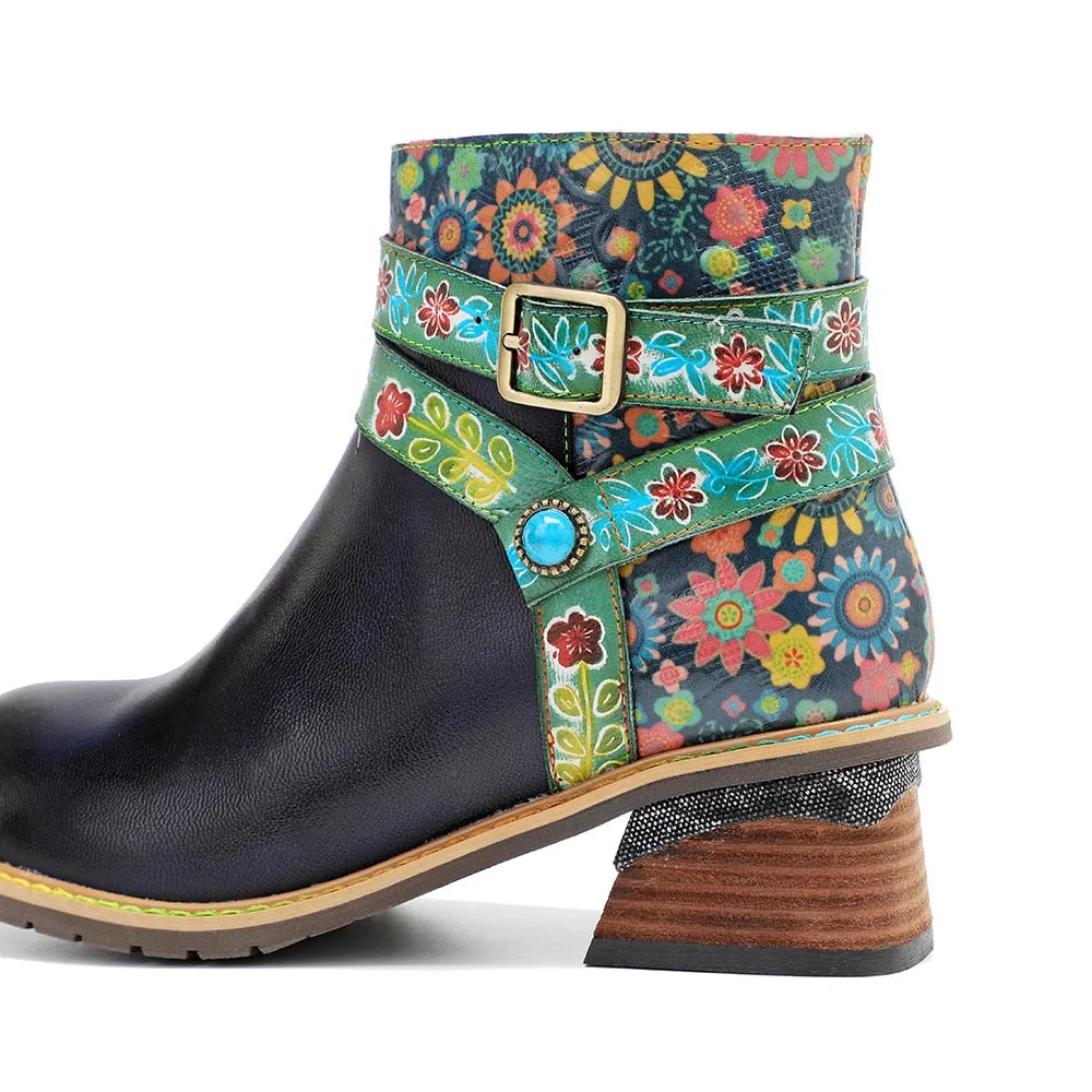 Vanguard Boots Genuine Leather Retro Shoes Women Boots Round Toe Patchwork Sewing Handmade Ankle Platform Boots