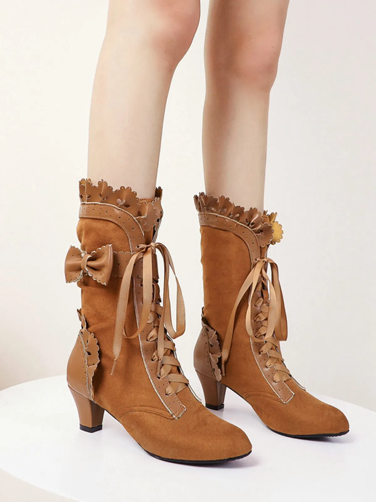 Vintage Leather Petal Edge Lace-Up Boots