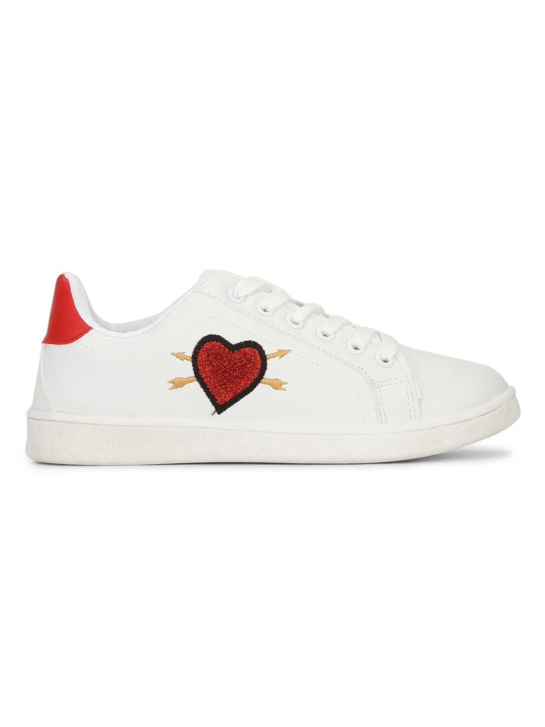 White PU Red Heart Detail Lace-up Sneakers