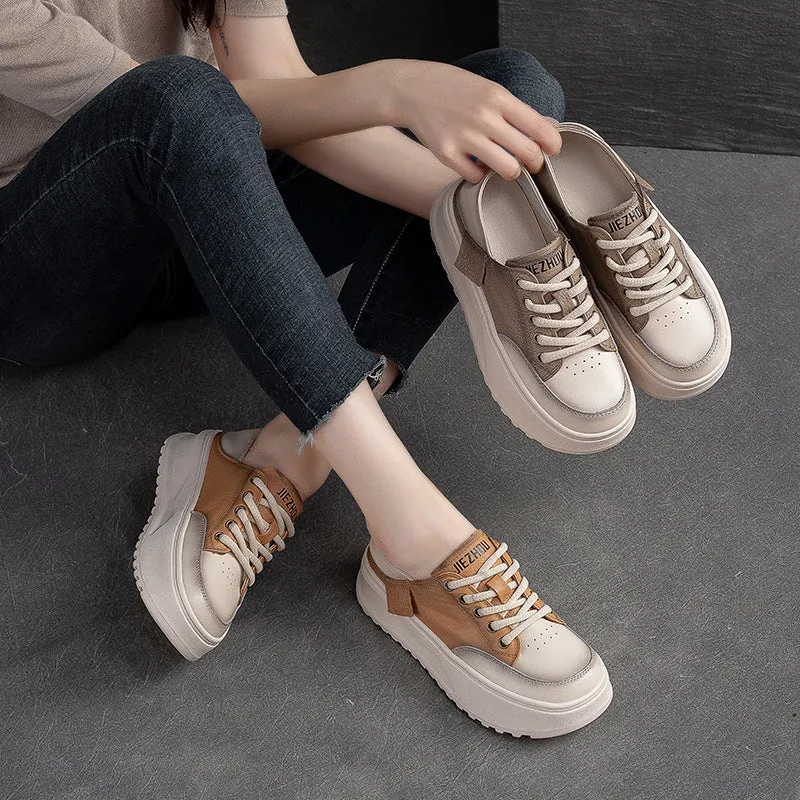 Women Fashion Patchwork Leather Thick Soled Casual Shoes