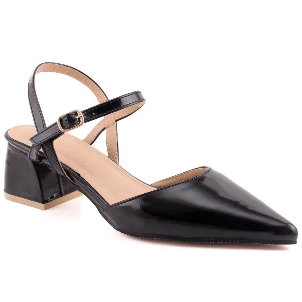 Women “IMANI” Block Heel Buckled Ankle Strap Pointed Toe Sandals