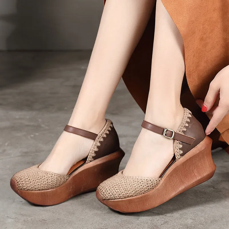 Women Leather Knitted Patchwork Chunky Wedge Casual Sandals