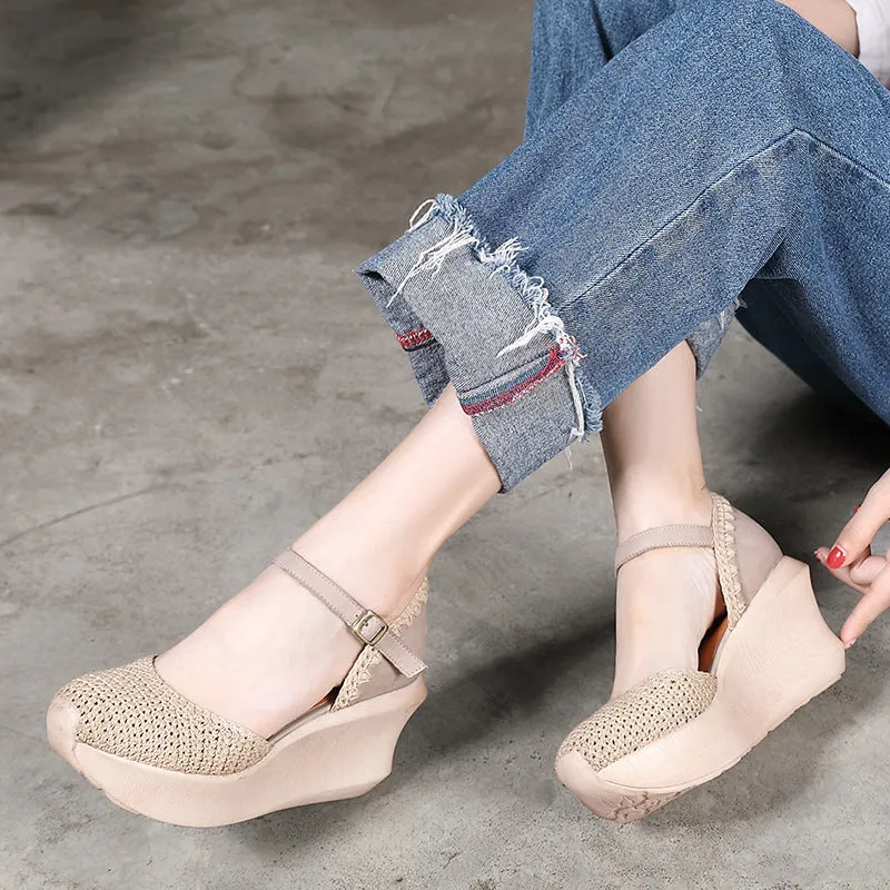 Women Leather Knitted Patchwork Chunky Wedge Casual Sandals