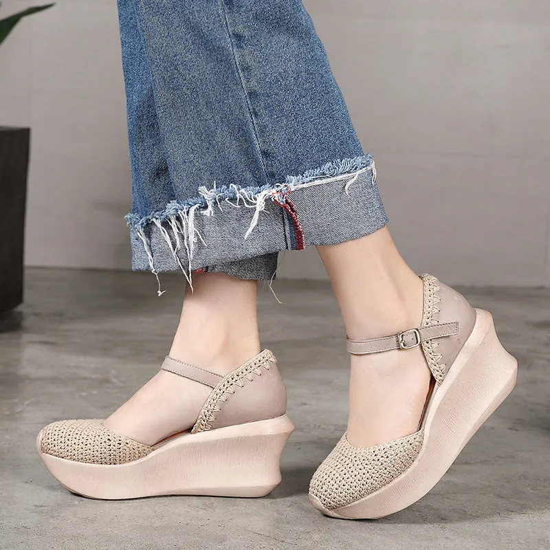 Women Leather Knitted Patchwork Chunky Wedge Casual Sandals