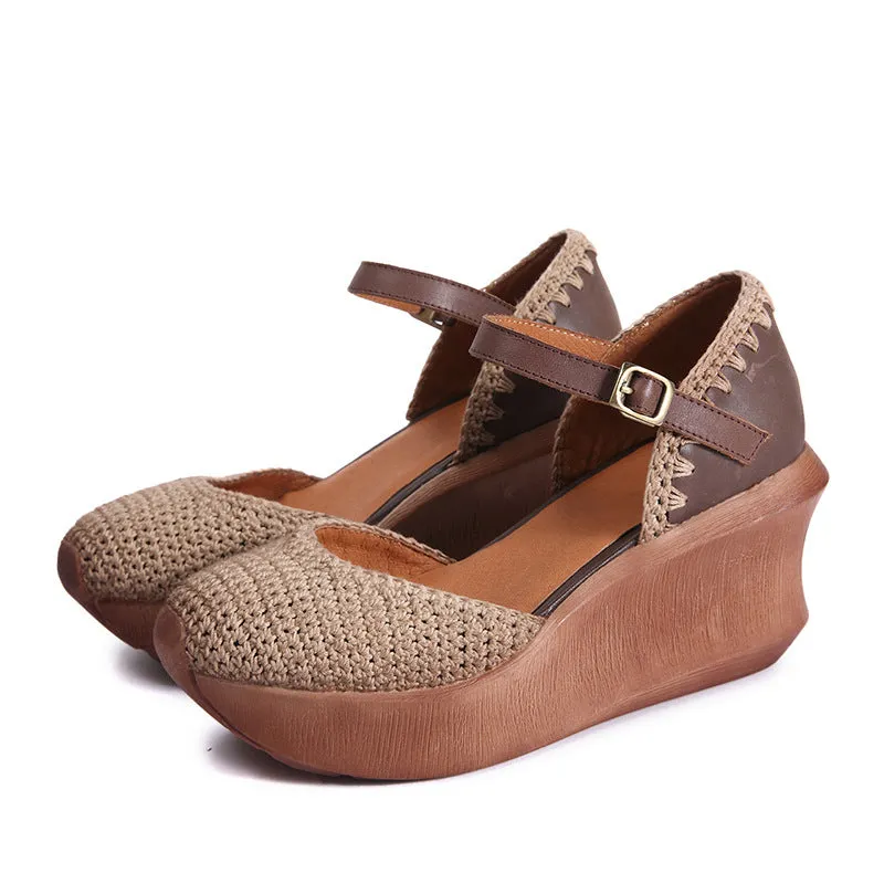 Women Leather Knitted Patchwork Chunky Wedge Casual Sandals