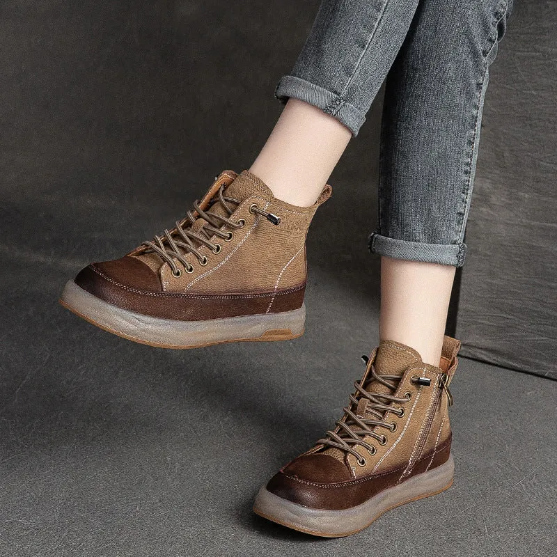 Women Retro Color Matching Patchwork Leather Boots