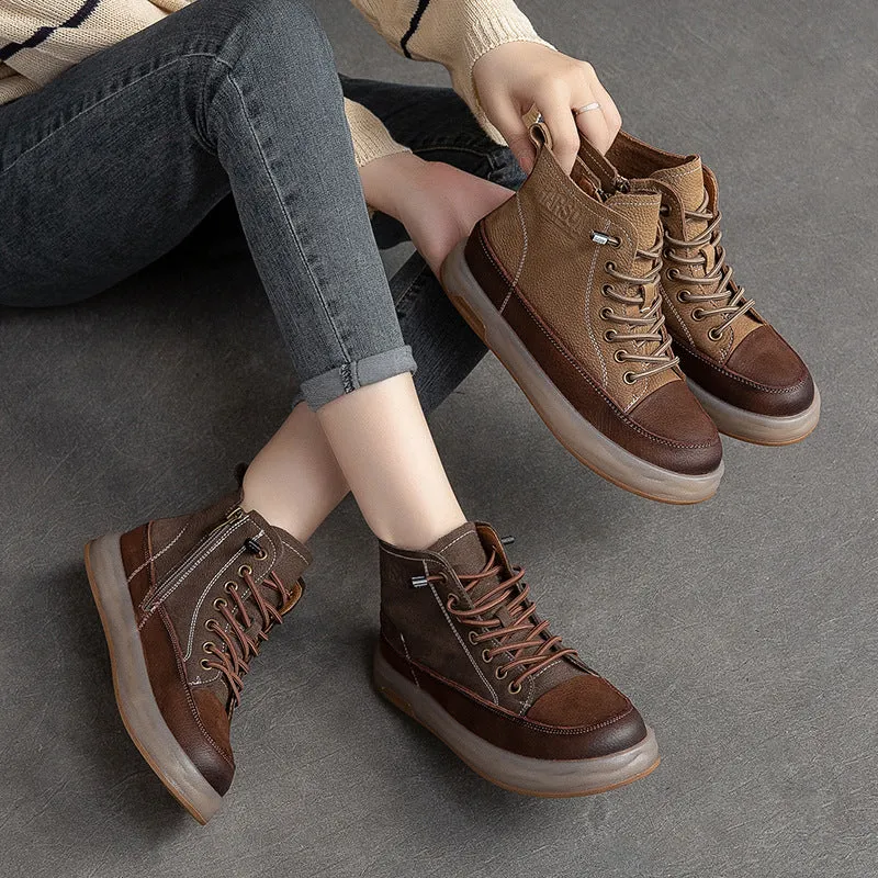 Women Retro Color Matching Patchwork Leather Boots