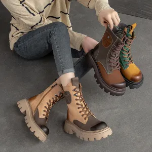 Women Retro Color Matching Patchwork Leather Combat Boots