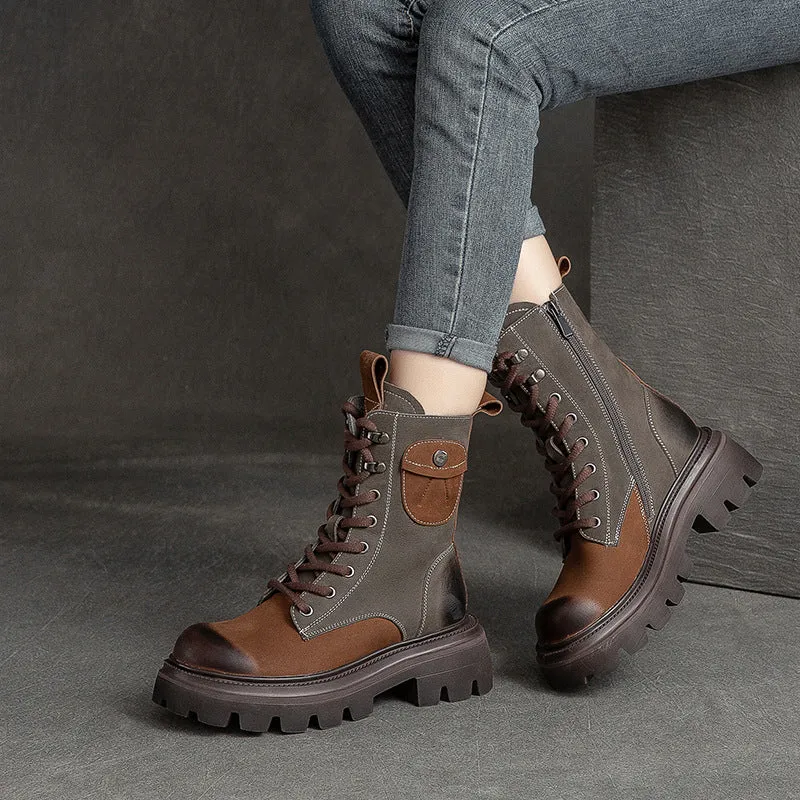 Women Retro Color Matching Patchwork Leather Combat Boots