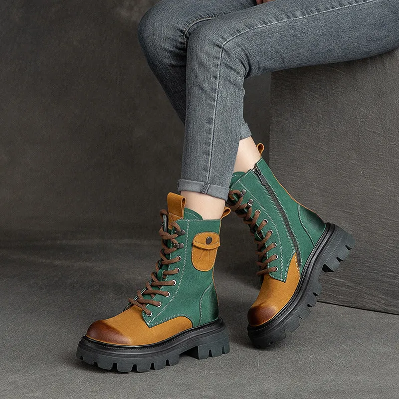 Women Retro Color Matching Patchwork Leather Combat Boots