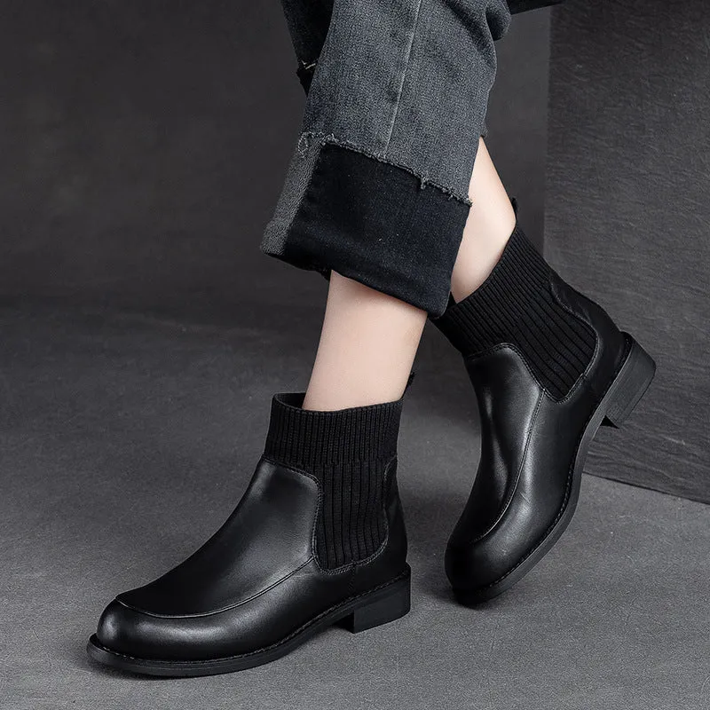 Women Retro Leather Patchwork Ankle Sock Boots